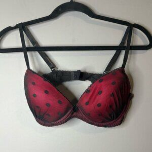 H&M Red Polka Dot Push Up Bra 36B Black Lace Strappy Back
